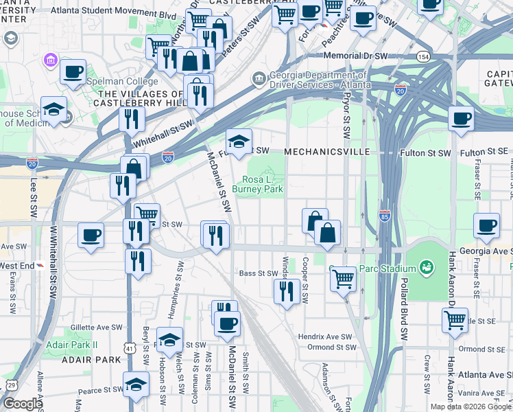 map of restaurants, bars, coffee shops, grocery stores, and more near 575 Ira Street Southwest in Atlanta