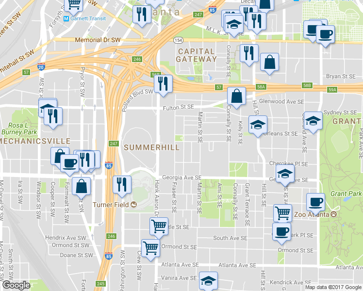 map of restaurants, bars, coffee shops, grocery stores, and more near 561 Reed Street Southeast in Atlanta