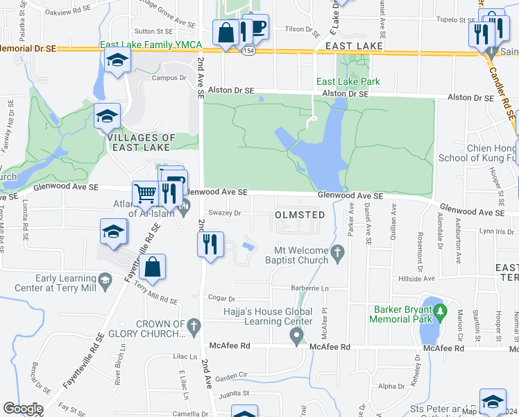 map of restaurants, bars, coffee shops, grocery stores, and more near 2056 Swazey Drive in Decatur