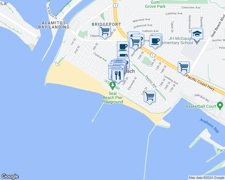map of restaurants, bars, coffee shops, grocery stores, and more near 900 Ocean Avenue in Seal Beach
