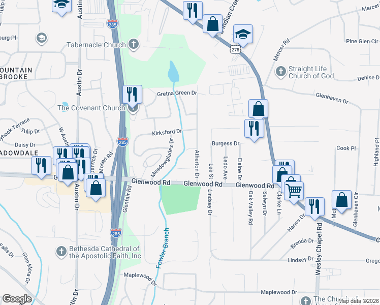 map of restaurants, bars, coffee shops, grocery stores, and more near 4022 Moffat Court in Decatur