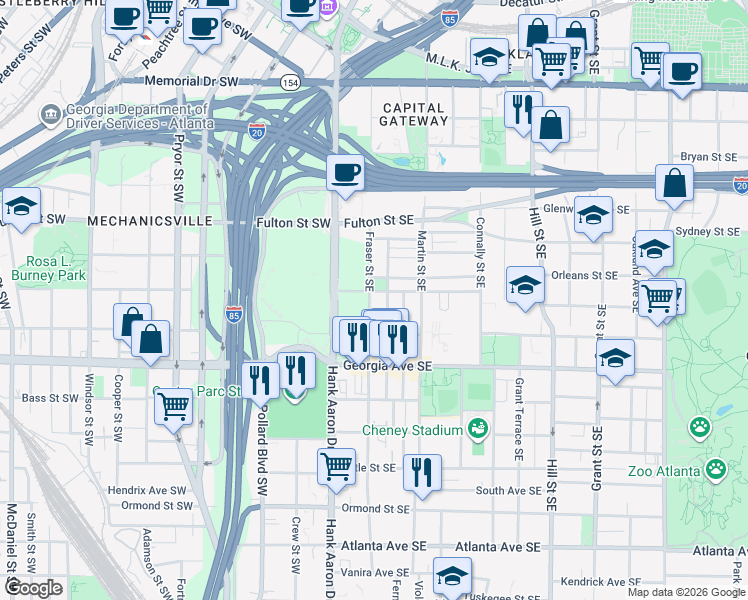 map of restaurants, bars, coffee shops, grocery stores, and more near 558 Fraser Street Southeast in Atlanta