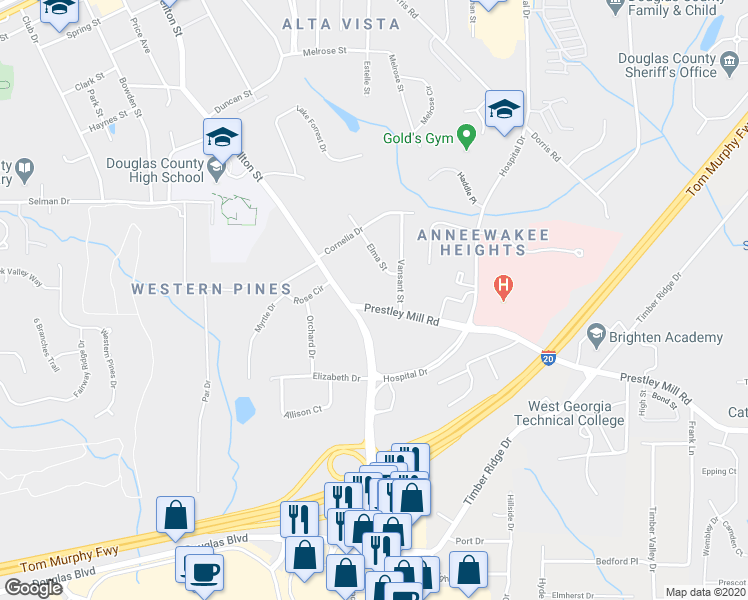 map of restaurants, bars, coffee shops, grocery stores, and more near 6301 Prestley Mill Road in Douglasville