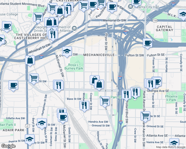 map of restaurants, bars, coffee shops, grocery stores, and more near 574 Cooper Street Southwest in Atlanta
