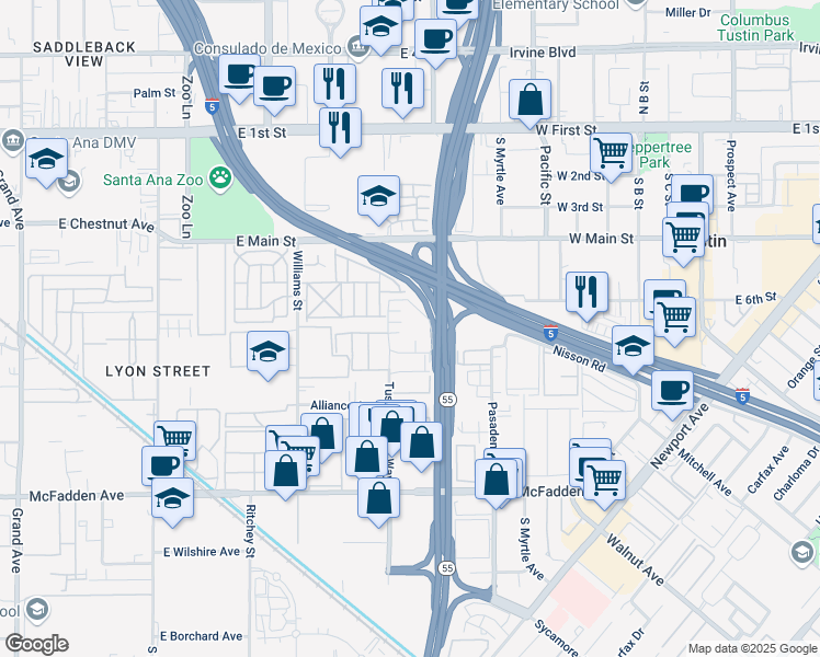 map of restaurants, bars, coffee shops, grocery stores, and more near 15500 Tustin Village Way in Tustin