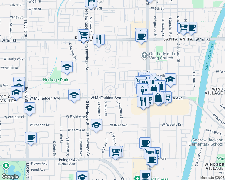map of restaurants, bars, coffee shops, grocery stores, and more near 4117 West McFadden Avenue in Santa Ana