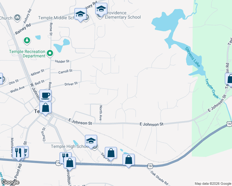 map of restaurants, bars, coffee shops, grocery stores, and more near 131 Deer Crossing in Temple