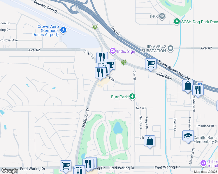 map of restaurants, bars, coffee shops, grocery stores, and more near 42490 Isla Court in Indio