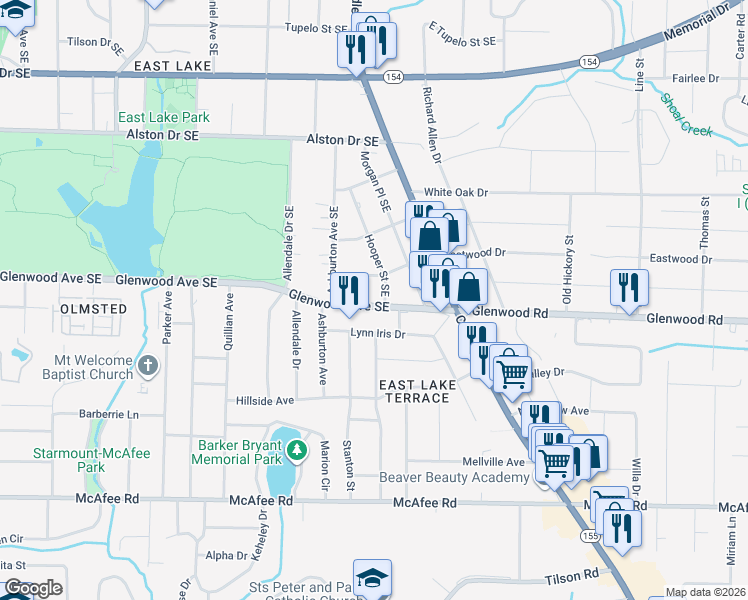 map of restaurants, bars, coffee shops, grocery stores, and more near 2912 Glenwood Avenue Southeast in Atlanta