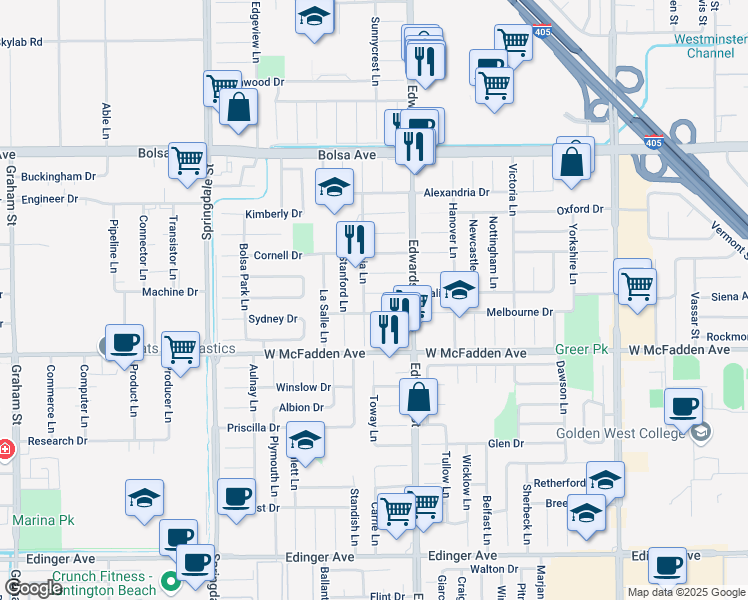 map of restaurants, bars, coffee shops, grocery stores, and more near 6401 Brown Circle in Huntington Beach