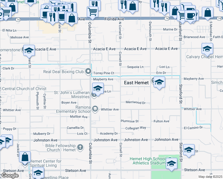 map of restaurants, bars, coffee shops, grocery stores, and more near 41176 Tava Lane in Hemet
