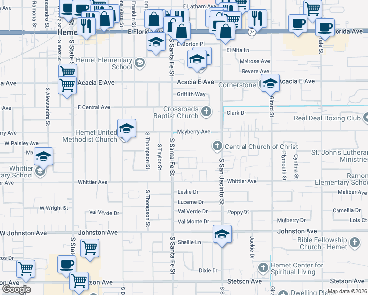 map of restaurants, bars, coffee shops, grocery stores, and more near 980 East Wesley Place in Hemet