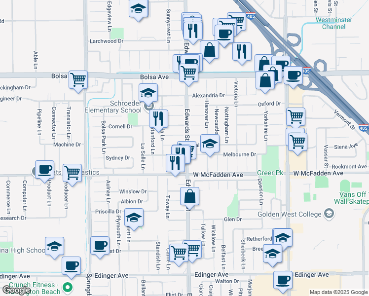 map of restaurants, bars, coffee shops, grocery stores, and more near 6472 Brown Circle in Huntington Beach