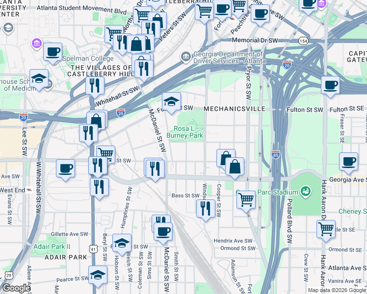 map of restaurants, bars, coffee shops, grocery stores, and more near 573 Ira Street Southwest in Atlanta