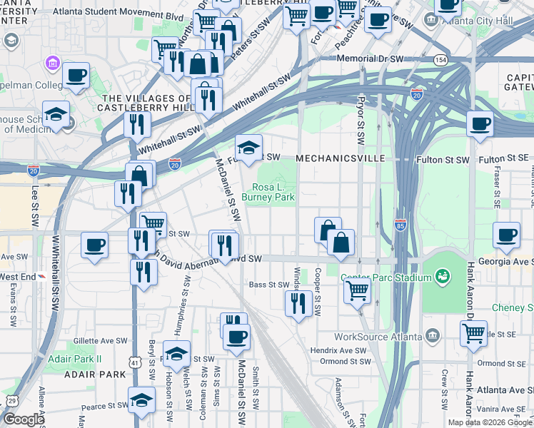 map of restaurants, bars, coffee shops, grocery stores, and more near 573 Ira Street Southwest in Atlanta