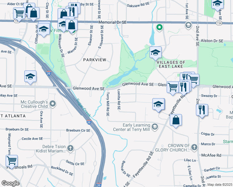 map of restaurants, bars, coffee shops, grocery stores, and more near 1821 Lomita Road Southeast in Atlanta