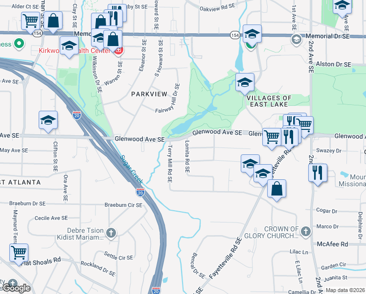 map of restaurants, bars, coffee shops, grocery stores, and more near 2023 Glenwood Avenue Southeast in Atlanta