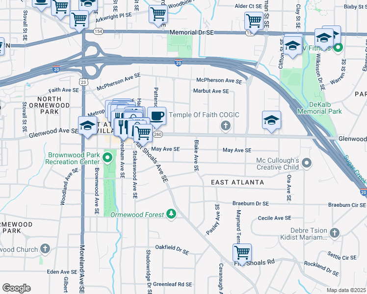 map of restaurants, bars, coffee shops, grocery stores, and more near 1434 May Avenue Southeast in Atlanta