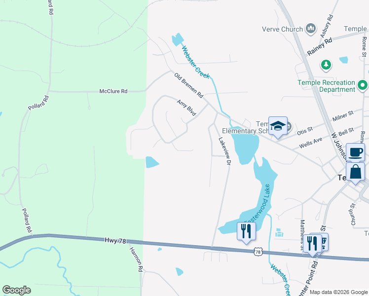 map of restaurants, bars, coffee shops, grocery stores, and more near 420 Hannah Drive in Temple