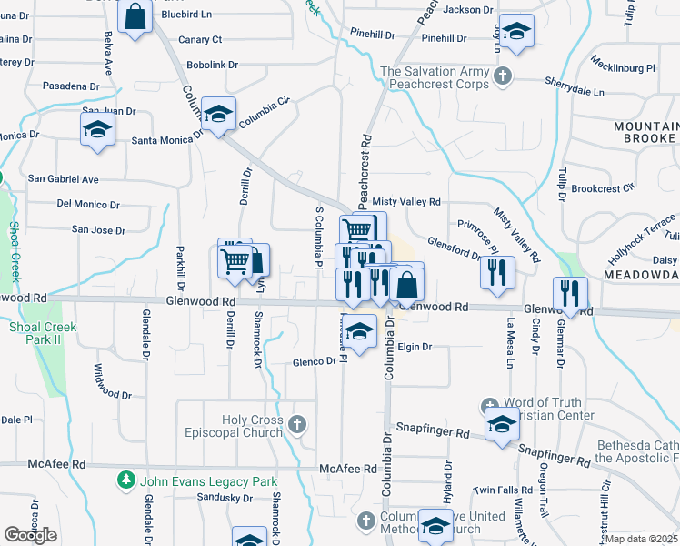 map of restaurants, bars, coffee shops, grocery stores, and more near 1776 South Columbia Place in Decatur