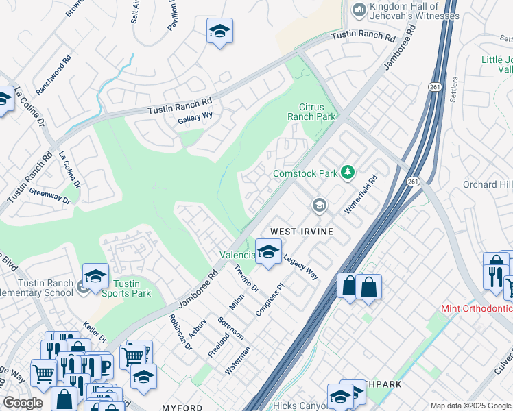 map of restaurants, bars, coffee shops, grocery stores, and more near 2960 Champion Way in Tustin
