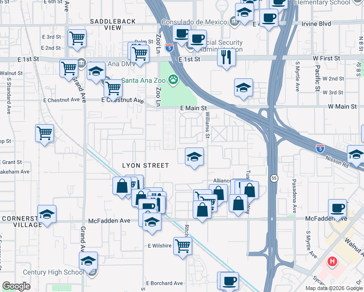map of restaurants, bars, coffee shops, grocery stores, and more near 53 Rancho Road in Tustin