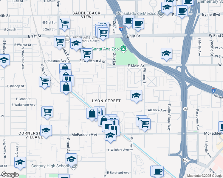 map of restaurants, bars, coffee shops, grocery stores, and more near 717 South Lyon Street in Santa Ana