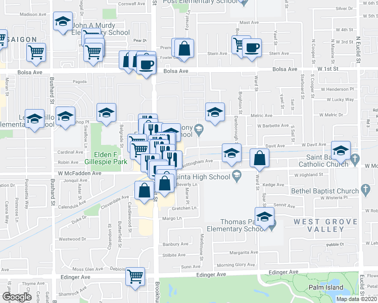 map of restaurants, bars, coffee shops, grocery stores, and more near 15381 Cunningham Avenue in Westminster
