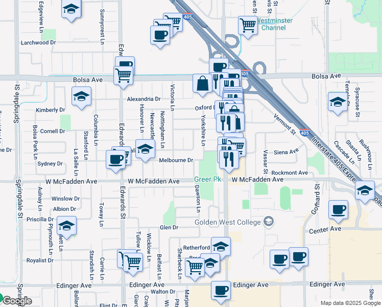 map of restaurants, bars, coffee shops, grocery stores, and more near 15342 Flintridge Lane in Huntington Beach