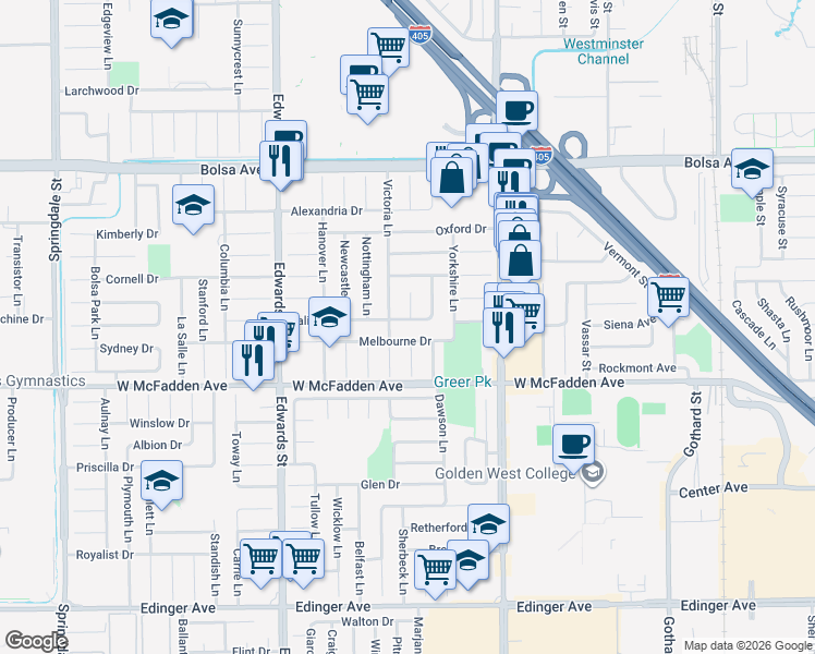 map of restaurants, bars, coffee shops, grocery stores, and more near 15332 Victoria Lane in Huntington Beach