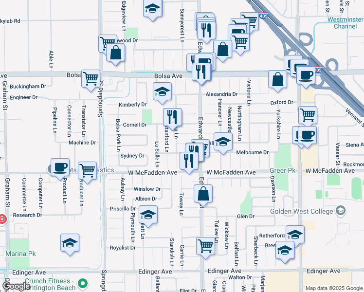 map of restaurants, bars, coffee shops, grocery stores, and more near 6401 Brown Circle in Huntington Beach