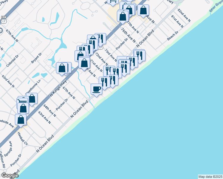 map of restaurants, bars, coffee shops, grocery stores, and more near 7000 North Ocean Boulevard in Myrtle Beach