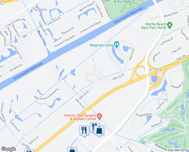 map of restaurants, bars, coffee shops, grocery stores, and more near 4877 Dahlia Court in Myrtle Beach