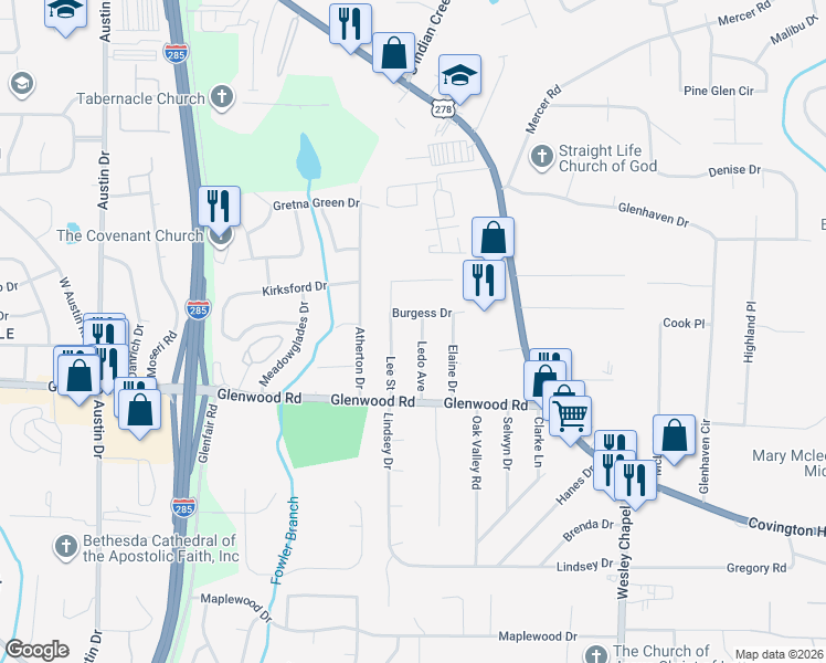 map of restaurants, bars, coffee shops, grocery stores, and more near 1765 Ledo Avenue in Decatur