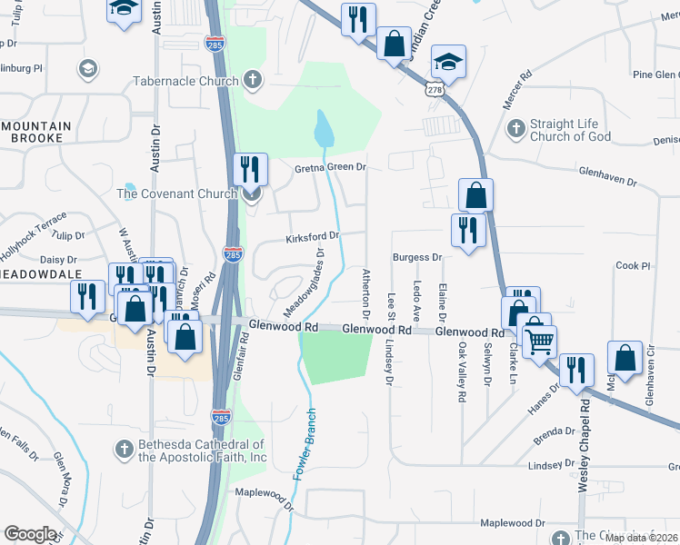 map of restaurants, bars, coffee shops, grocery stores, and more near 4010 Moffat Court in Decatur