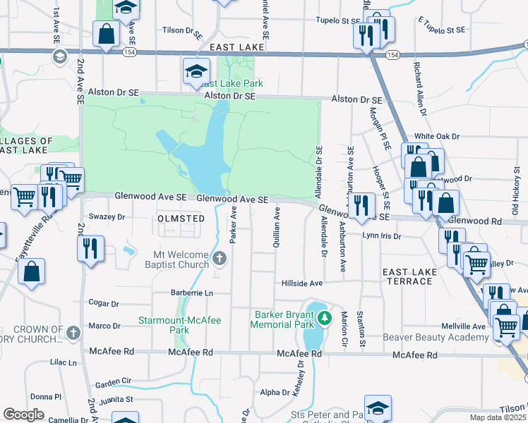 map of restaurants, bars, coffee shops, grocery stores, and more near 2711 Glenwood Avenue Southeast in Atlanta