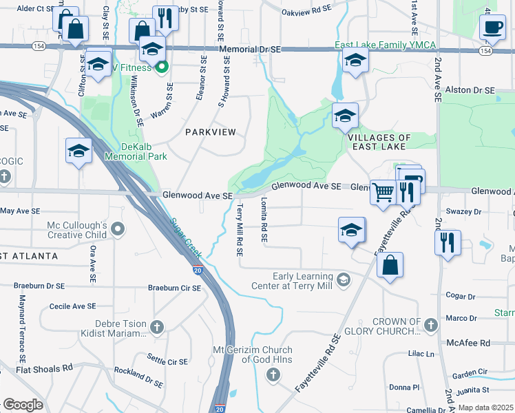map of restaurants, bars, coffee shops, grocery stores, and more near 1821 Lomita Road Southeast in Atlanta