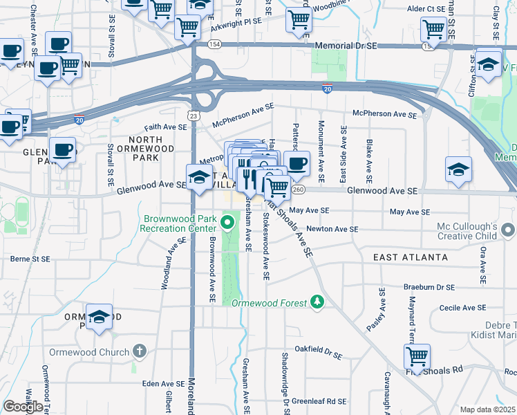 map of restaurants, bars, coffee shops, grocery stores, and more near 1265 Wright Lane Southeast in Atlanta
