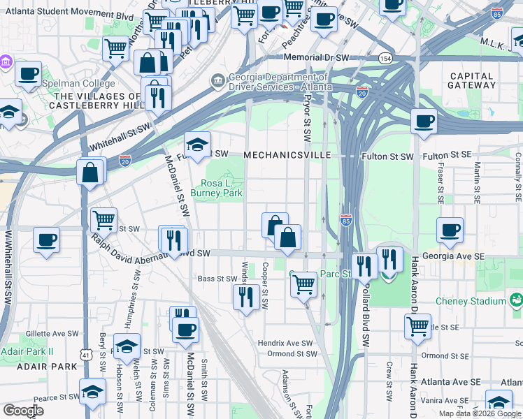 map of restaurants, bars, coffee shops, grocery stores, and more near 563 Cooper Street Southwest in Atlanta