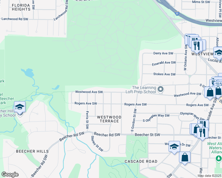 map of restaurants, bars, coffee shops, grocery stores, and more near 1921 Westwood Avenue Southwest in Atlanta