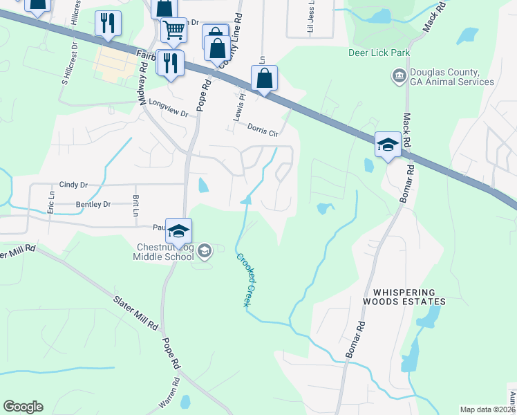map of restaurants, bars, coffee shops, grocery stores, and more near 2561 Redbud Meadow Lane in Douglasville
