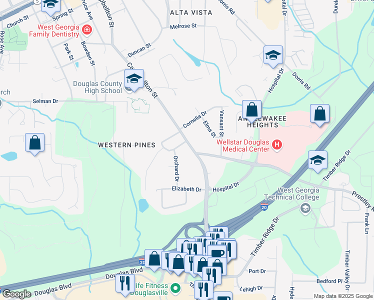 map of restaurants, bars, coffee shops, grocery stores, and more near 8885 Campbellton Street in Douglasville