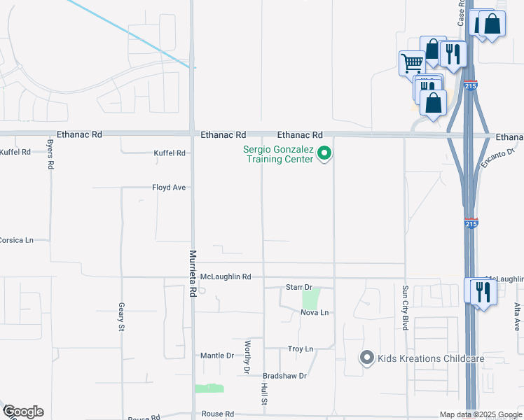 map of restaurants, bars, coffee shops, grocery stores, and more near Hull Street in Menifee