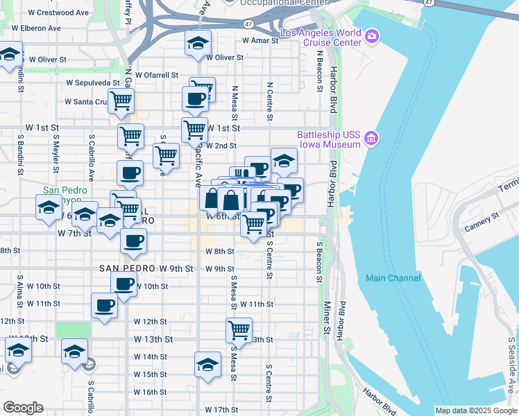 map of restaurants, bars, coffee shops, grocery stores, and more near 505 South Centre Street in Los Angeles