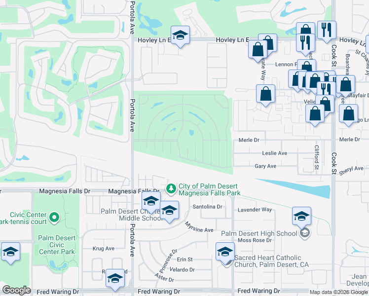 map of restaurants, bars, coffee shops, grocery stores, and more near 42543 Granite Place in Palm Desert