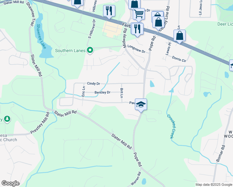 map of restaurants, bars, coffee shops, grocery stores, and more near 3809 Bentley Drive in Douglasville