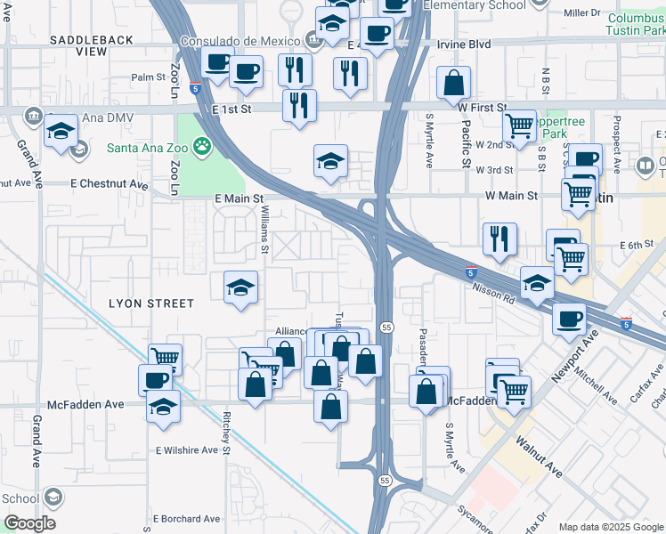 map of restaurants, bars, coffee shops, grocery stores, and more near 16667 Montego Way in Tustin