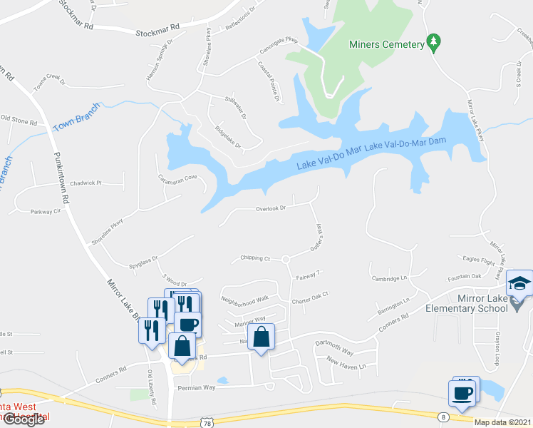 map of restaurants, bars, coffee shops, grocery stores, and more near 1022 Overlook Drive in Villa Rica