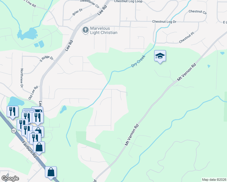 map of restaurants, bars, coffee shops, grocery stores, and more near 3470 Meadowview Drive in Lithia Springs