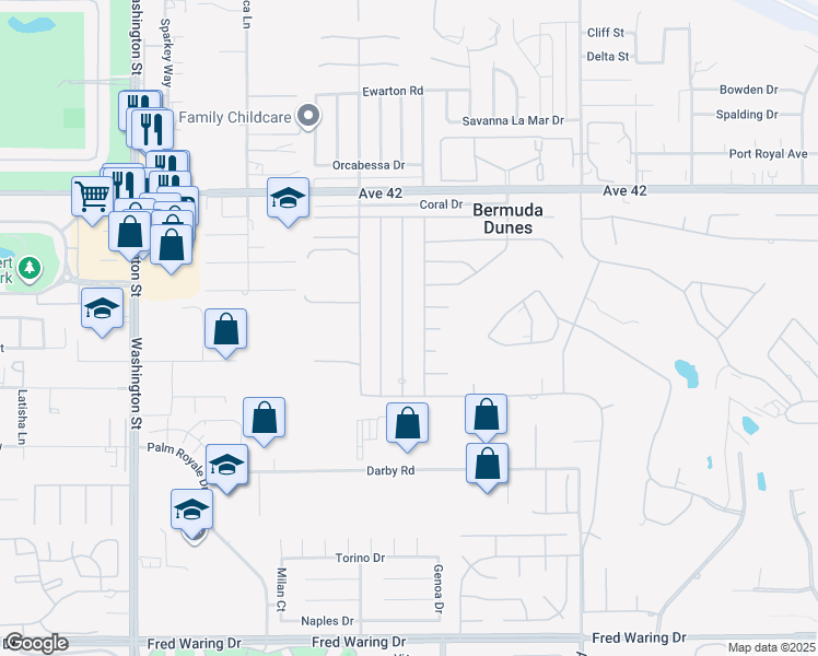 map of restaurants, bars, coffee shops, grocery stores, and more near 42590 Sandy Bay Road in Bermuda Dunes